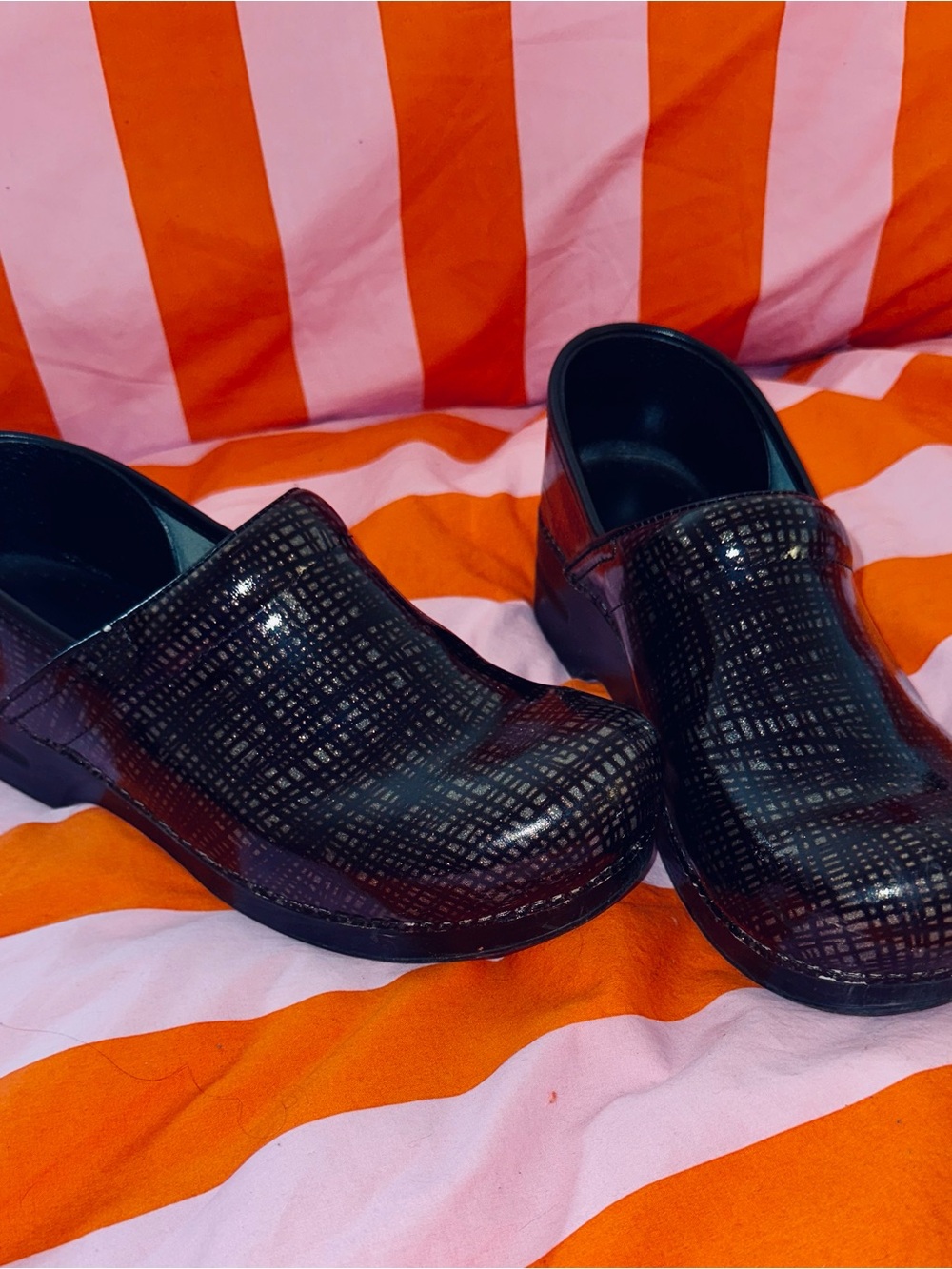 Dansko Black/Silver Patterned Patent Leather Clogs